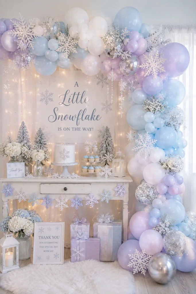 Blush pink to white ombre balloon garland with snowflake charms for a baby shower