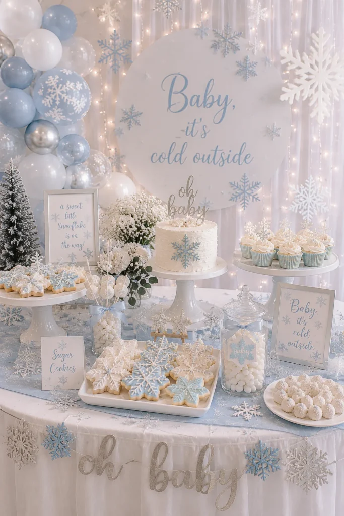 Frosted snowflake sugar cookies displayed on a tiered dessert stand