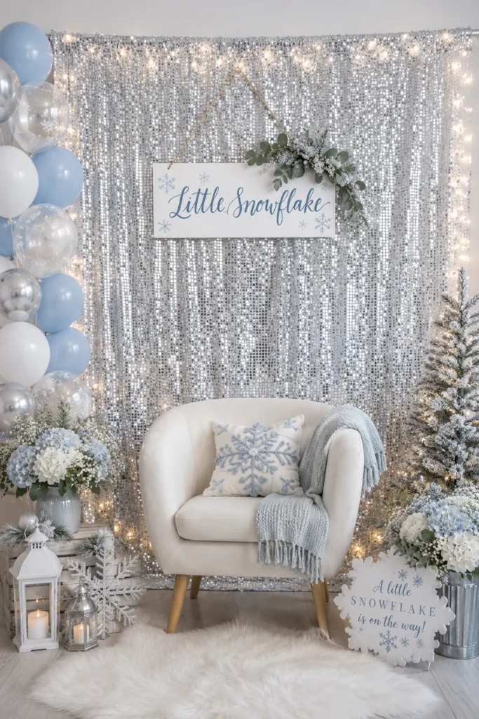 Shimmering silver sequin backdrop for a little snowflake baby shower photo wall