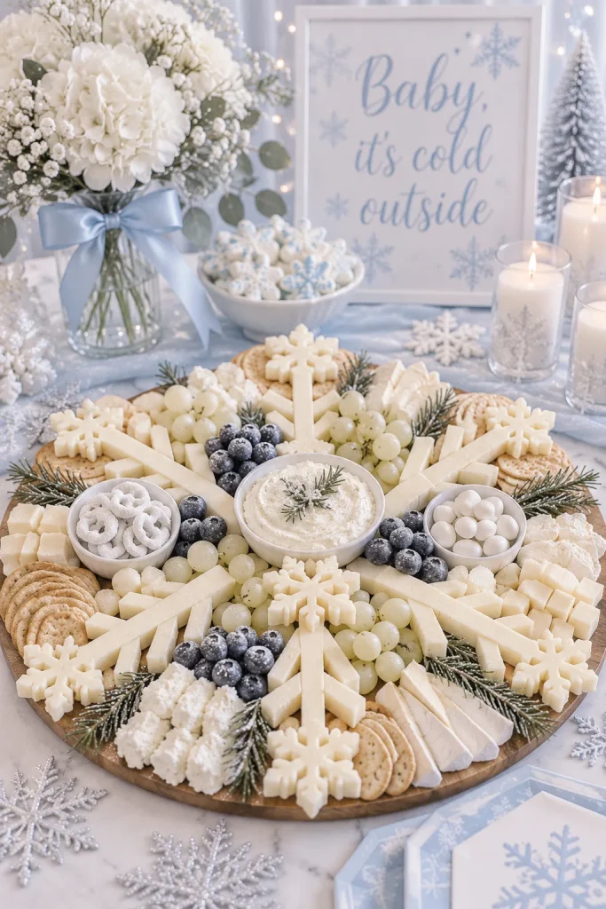 White charcuterie board arranged in a snowflake shape for a baby shower