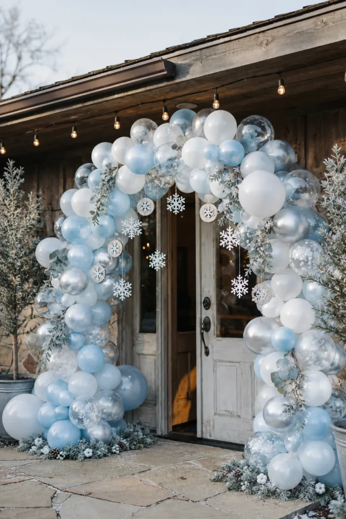Rustic ivory and wood balloon arch for a little snowflake baby shower entryway