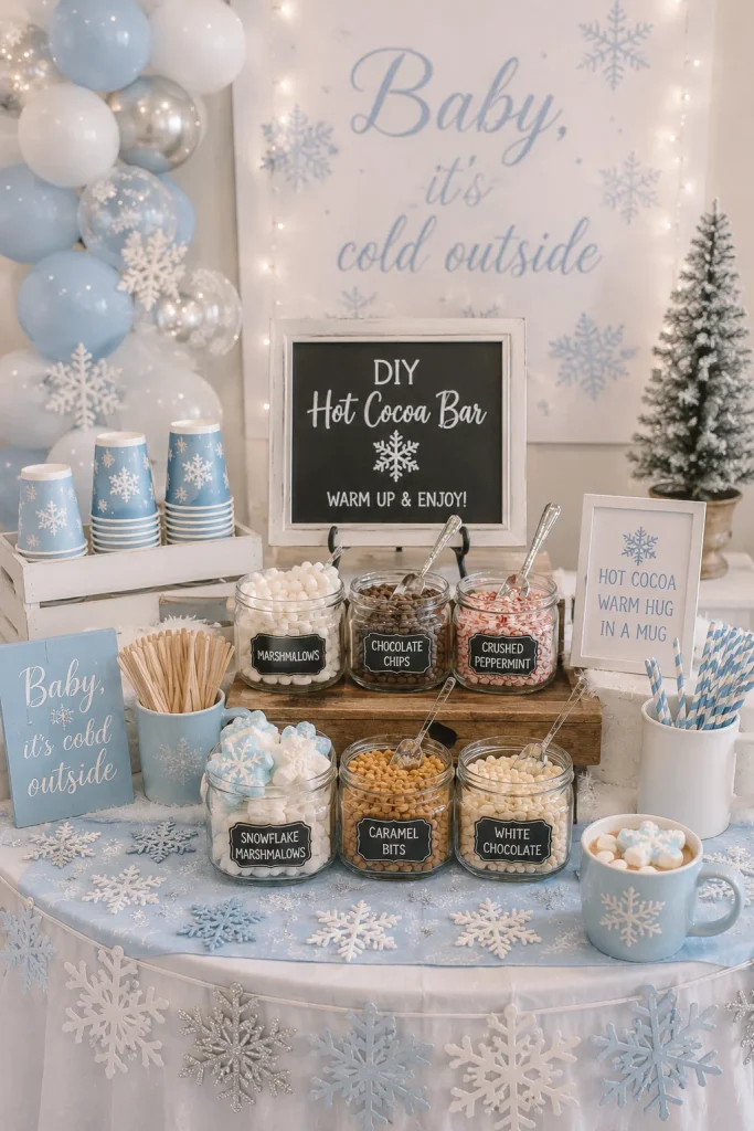DIY hot cocoa bar with snowflake marshmallows for a winter baby shower