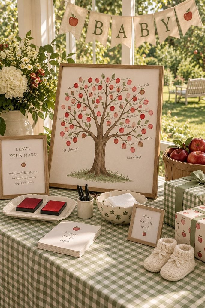 Apple orchard thumbprint guest book tree with red thumbprint apples for an apple baby shower