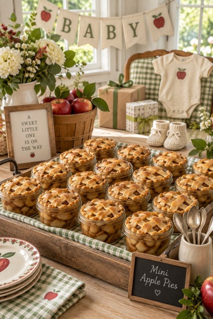 Mini apple pie jars with golden lattice crusts on a rustic tray at an apple baby shower