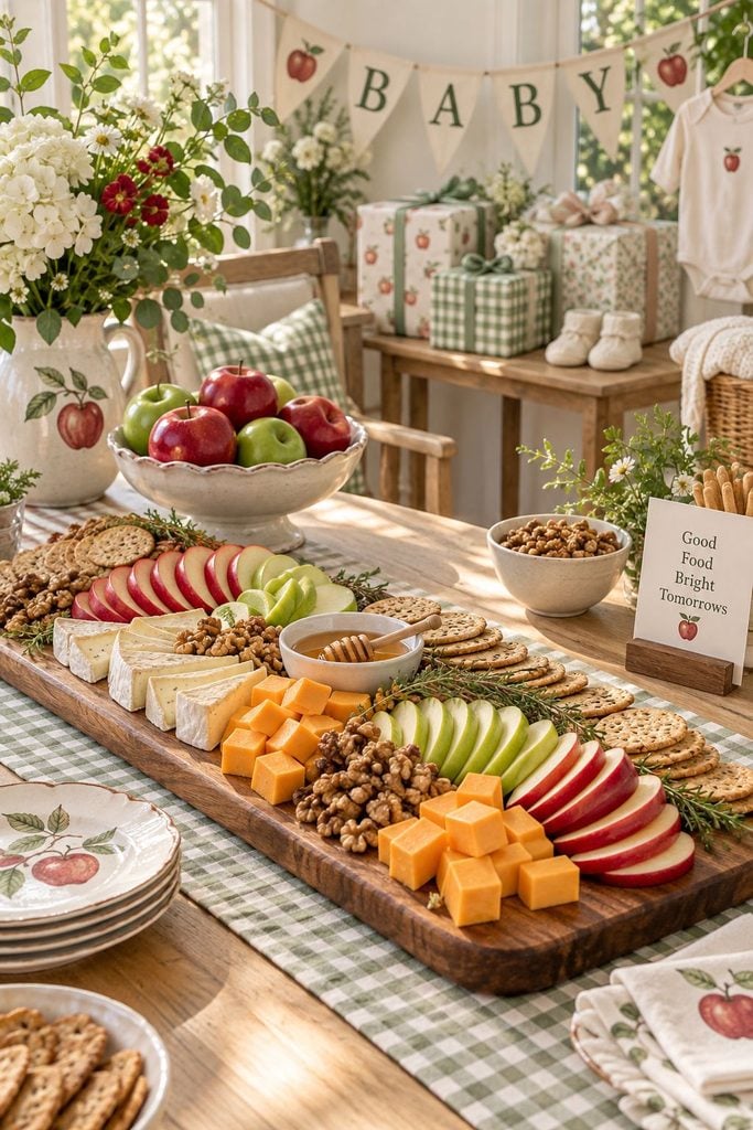 Apple and cheddar charcuterie board with fanned apple slices for an apple baby shower food table