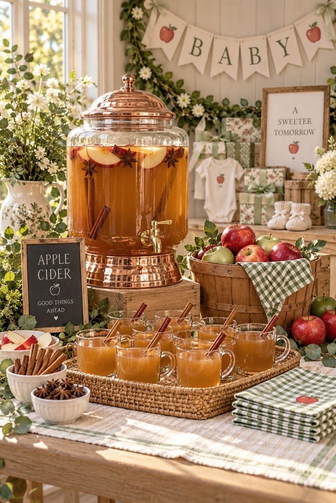 Copper apple cider dispenser drink station with cinnamon sticks for an apple baby shower