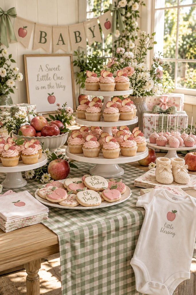 Blush pink apple baby shower dessert table with candied apple cupcakes on tiered stands
