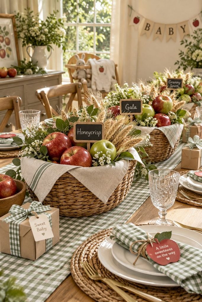 Apple baby shower centerpiece with woven baskets of red and green apples and wheat stalks