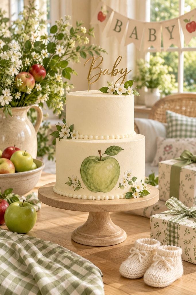 Minimalist apple baby shower cake with a hand-painted green watercolor apple and gold script topper