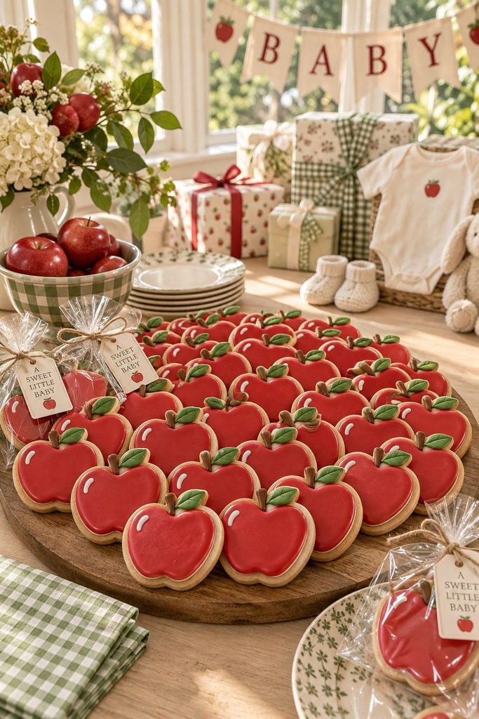 Glossy red apple-shaped sugar cookies with green leaves for an apple baby shower dessert table