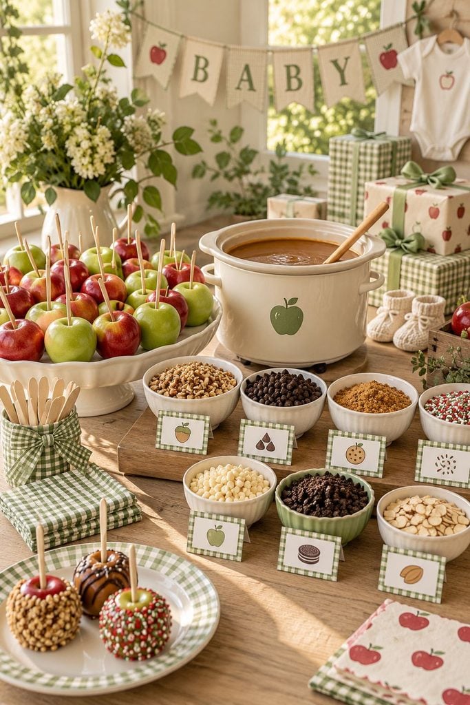 Caramel apple dipping bar with mini apples and labeled toppings at an apple baby shower