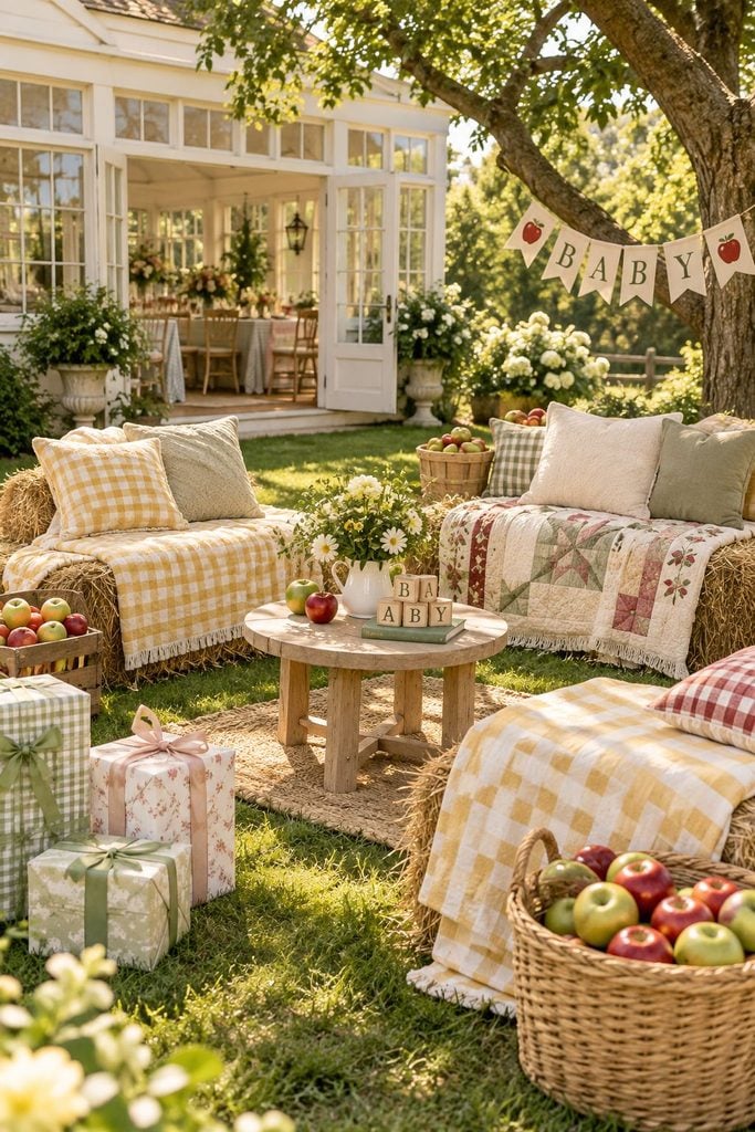 Hay bales covered in butter yellow gingham blankets for apple baby shower seating
