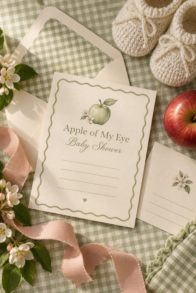 Green gingham apple baby shower invitation with a single apple line drawing