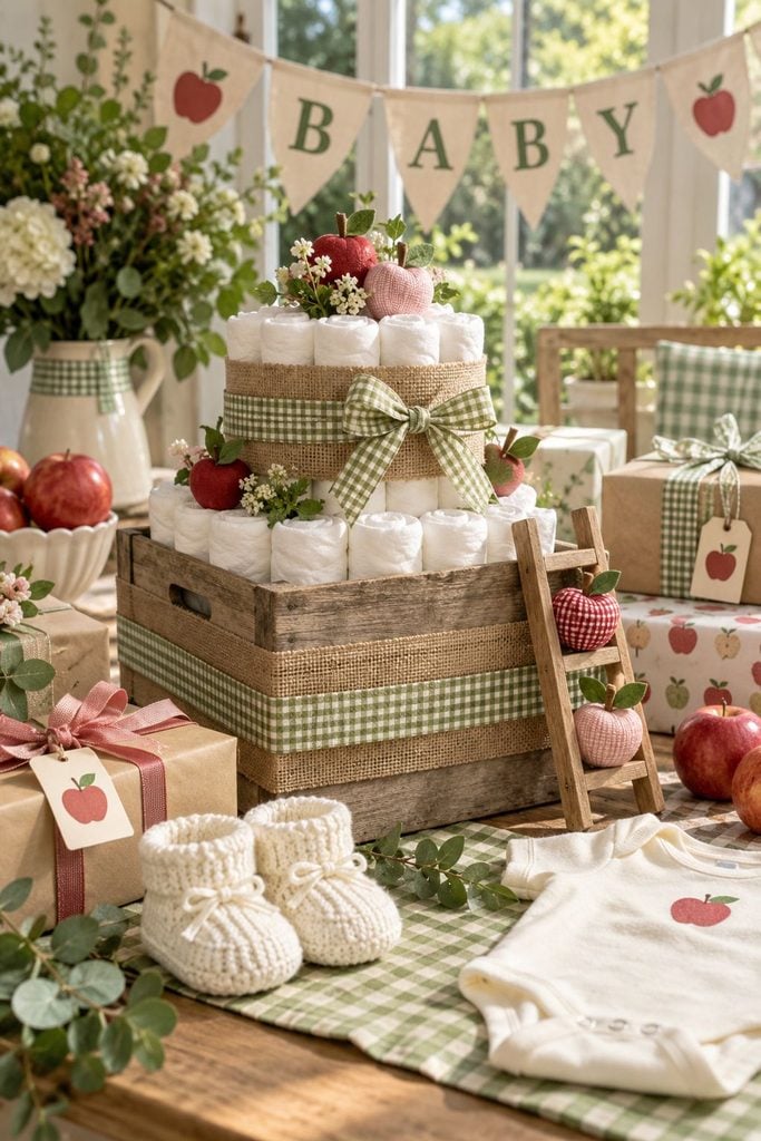Diaper cake styled in a mini wooden apple crate with a tiny ladder for an apple baby shower
