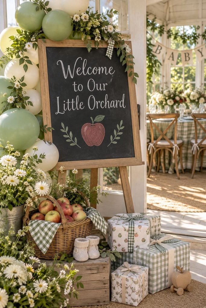 Chalkboard easel welcome sign reading Welcome to Our Little Orchard at an apple baby shower