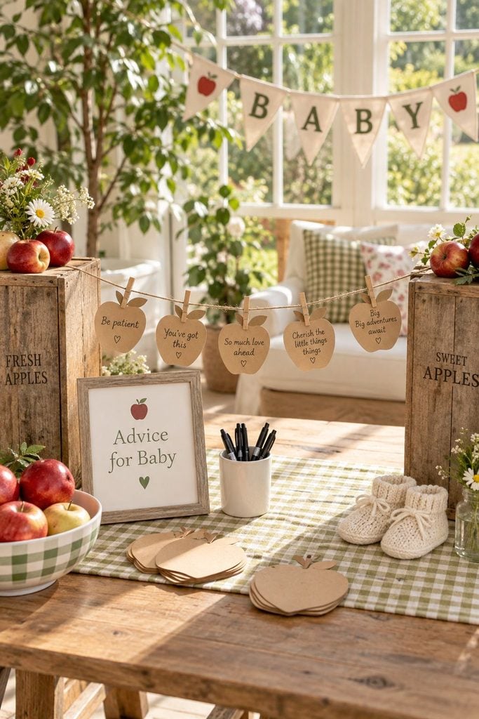 Apple baby shower advice cards clipped to a twine clothesline between wooden crates