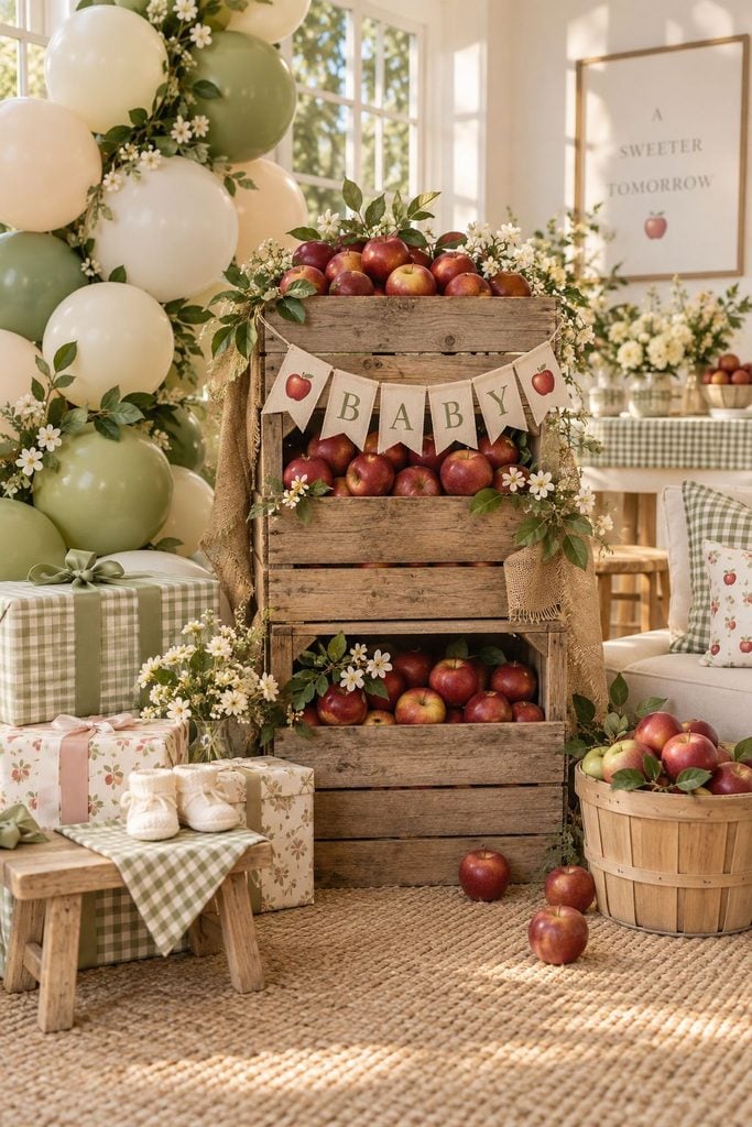Rustic red apple baby shower backdrop with stacked wooden crates of apples and burlap bunting