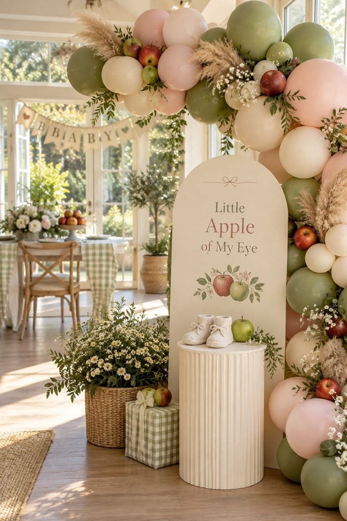 Blush, sage, and cream balloon garland arch with real apples for an apple baby shower