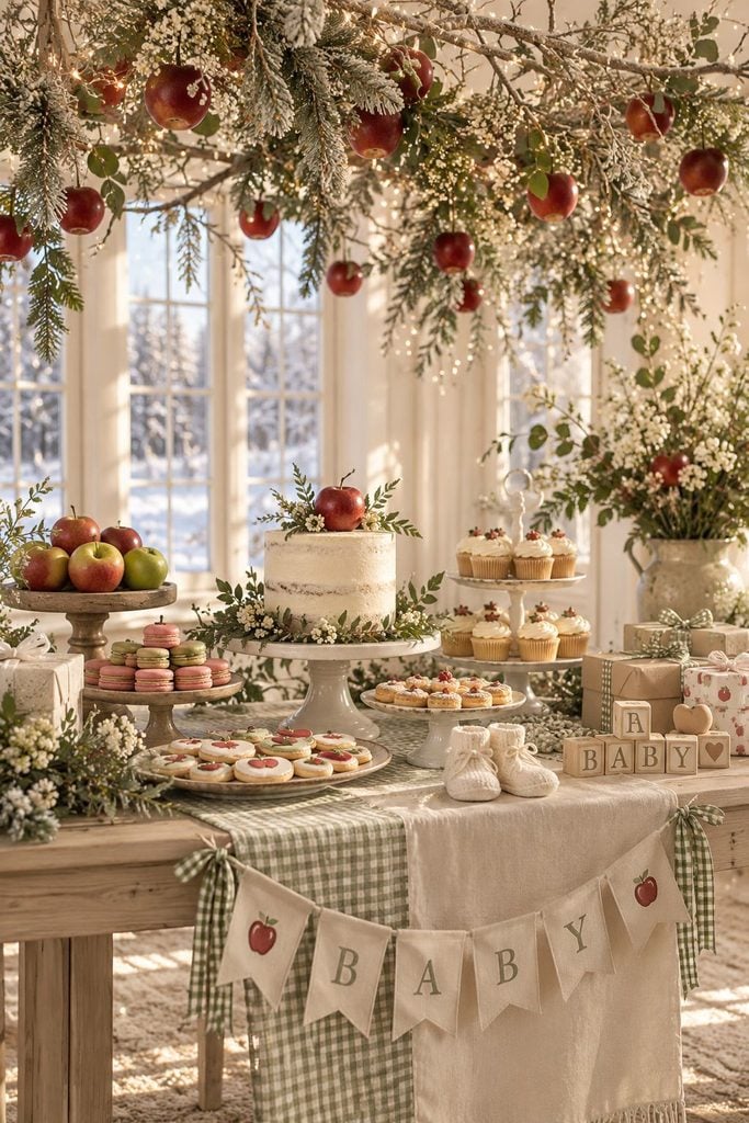Winter apple baby shower backdrop with frosted branches, fairy lights, and hanging red apples