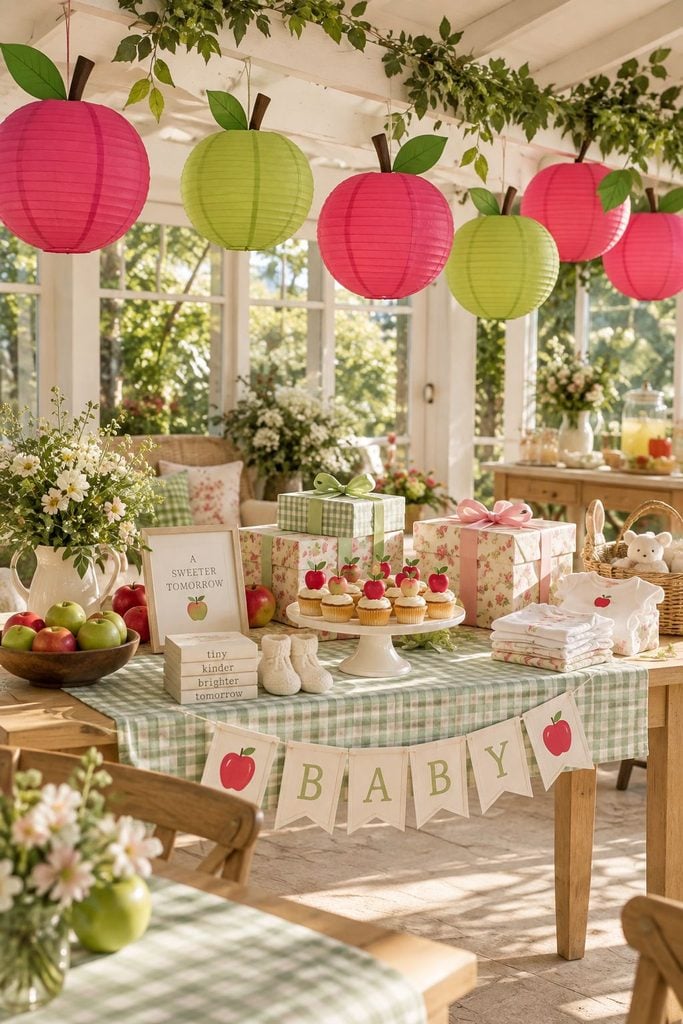 Hot pink paper lantern apples with green leaves hanging at a preppy apple baby shower