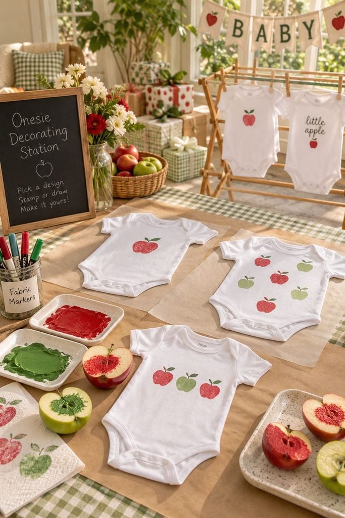 Apple stamp onesie decorating station with halved apples and fabric paint at an apple baby shower