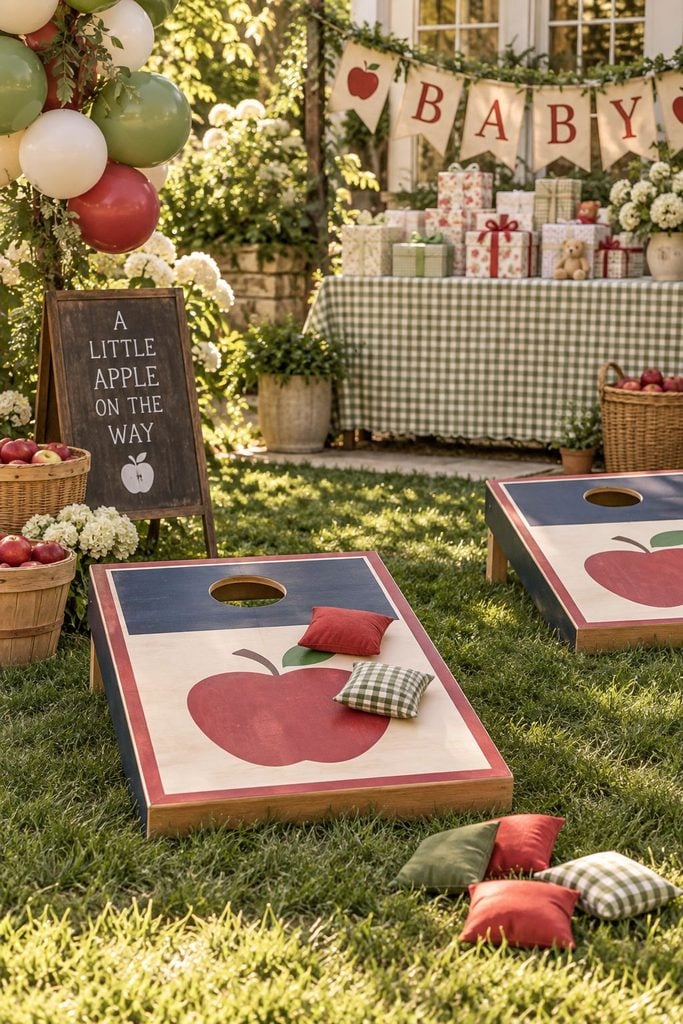 Apple-painted cornhole game station in navy and red at a co-ed apple baby shower