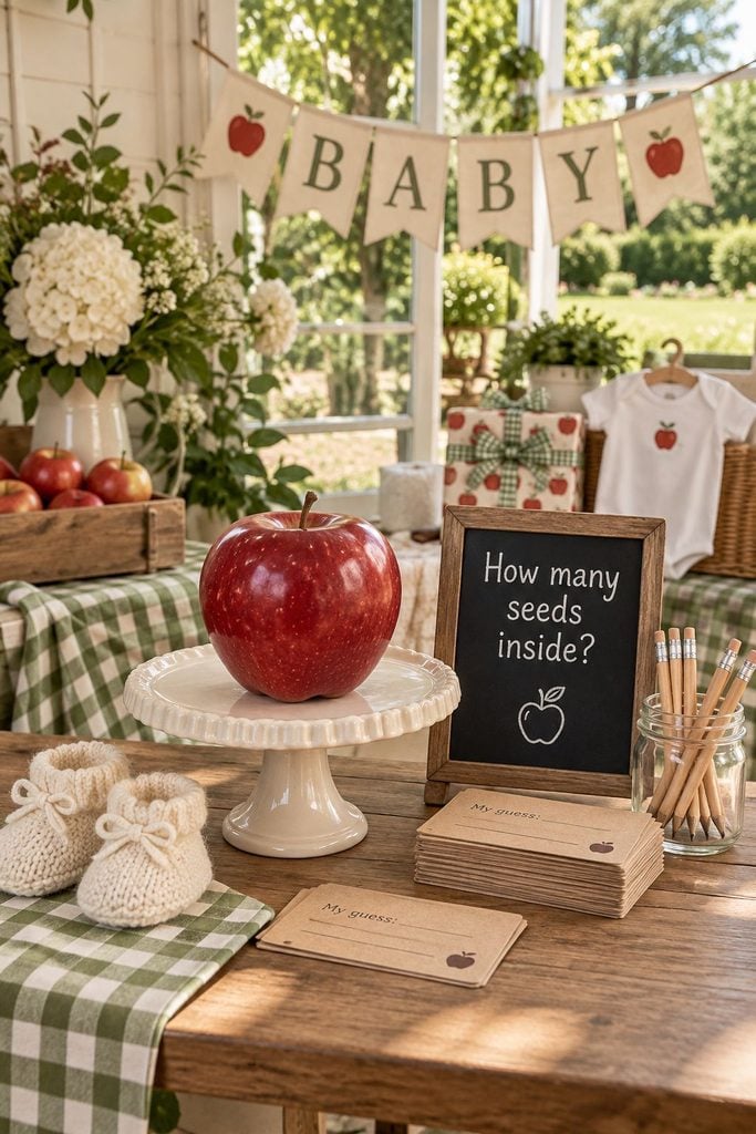 Apple seed guessing game with a large red apple on a cake stand at an apple baby shower
