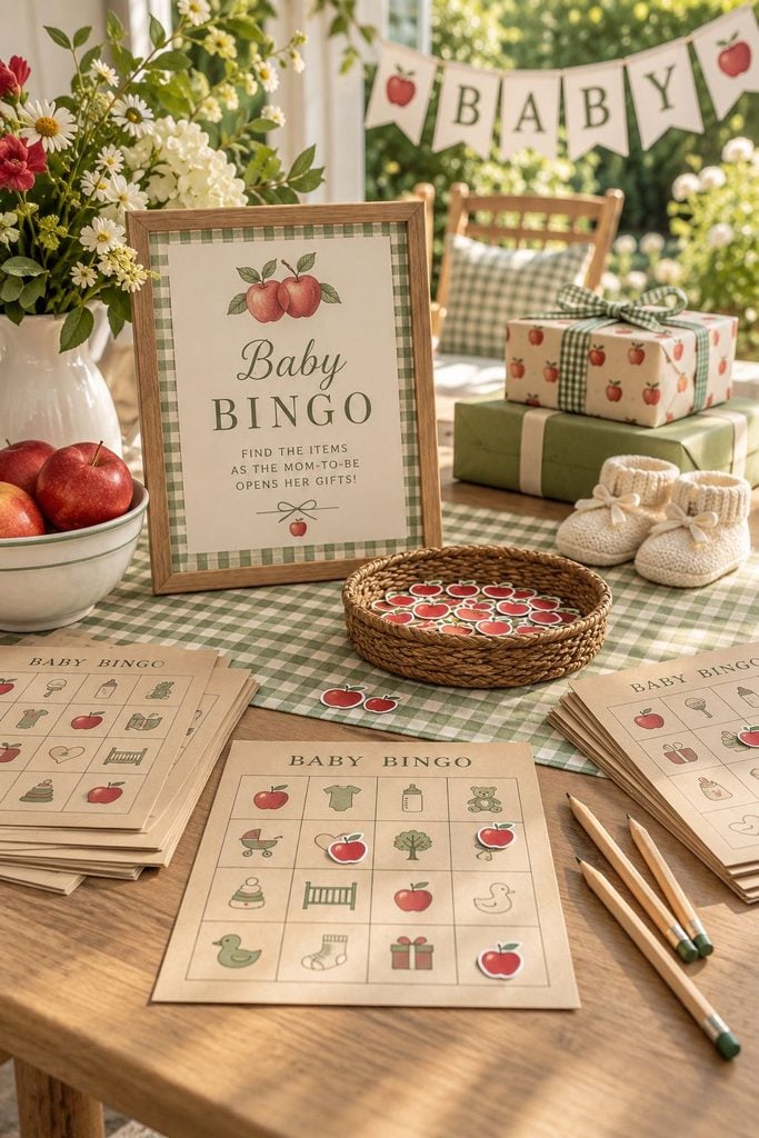 Orchard-themed baby bingo cards with mini apple stickers for an apple baby shower
