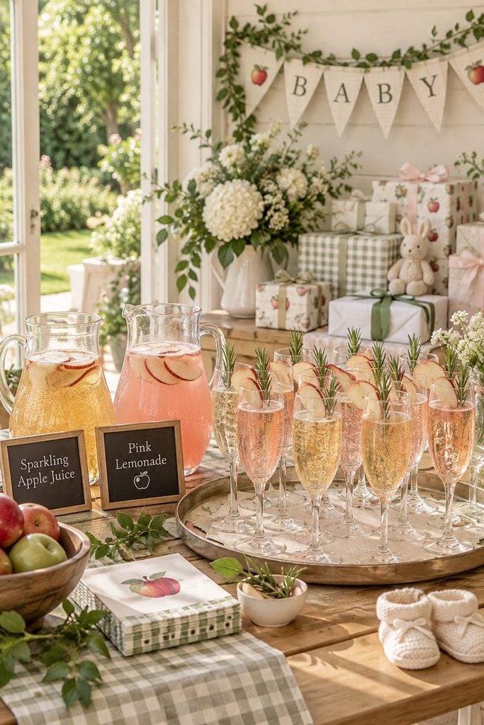 Sparkling apple mocktail bar with champagne flutes and rosemary for an apple baby shower