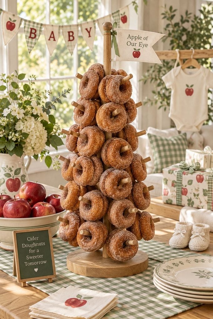 Cinnamon sugar cider doughnut tower on a wooden stand at an apple baby shower