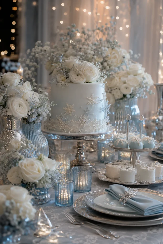 Ice blue and silver dessert table with metallic chargers and white florals