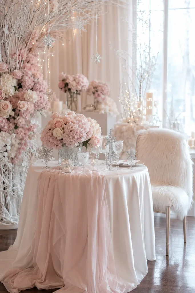 Blush pink sweetheart table with faux fur seat covers and pink hydrangeas