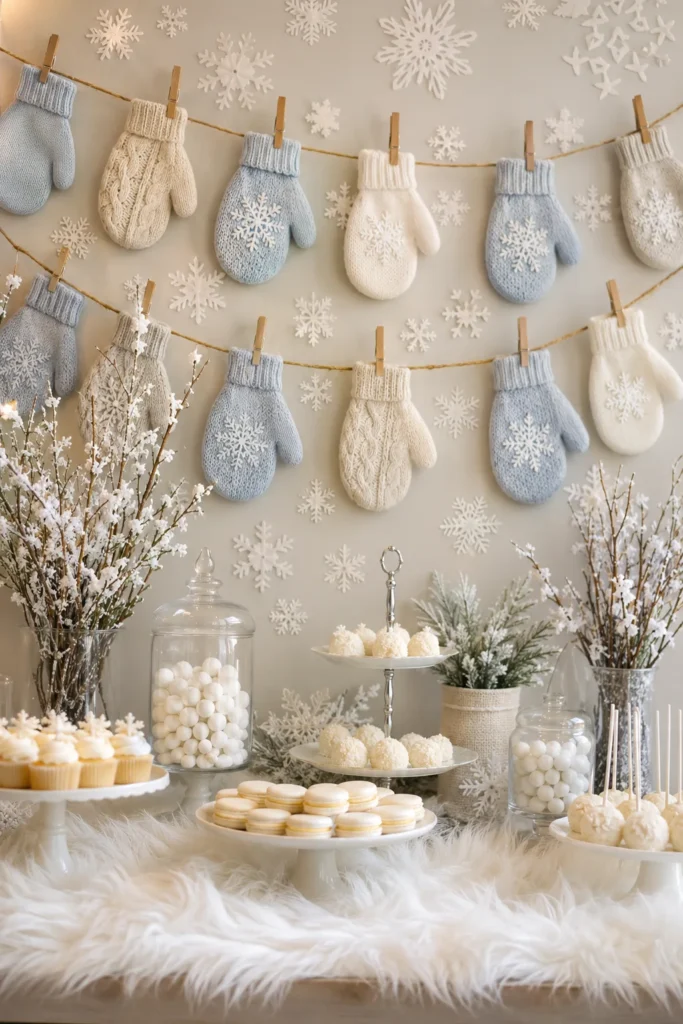 Knit mitten garland spelling Ready for Baby hung above a dessert table