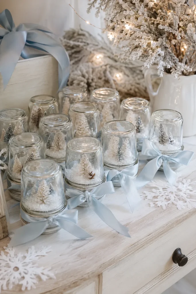 DIY snow globe favor jars lined up with a shake off the cold sign