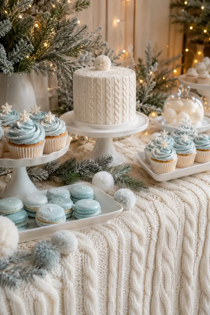 Cable knit textured dessert table with white and ice blue frosted treats