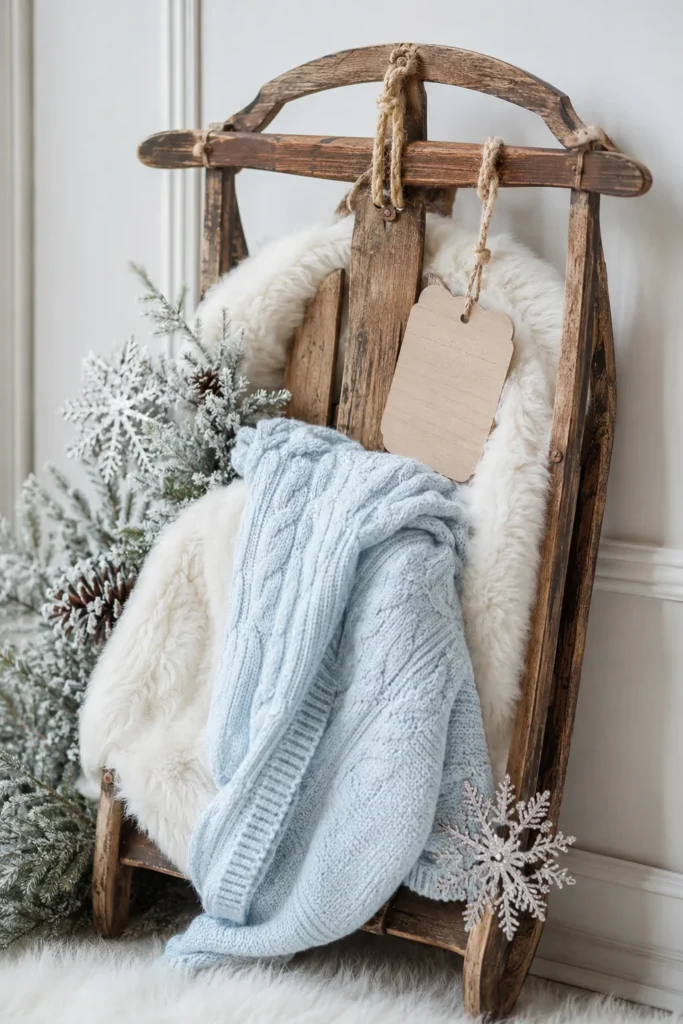 Vintage wooden sled photo prop styled with a faux fur throw