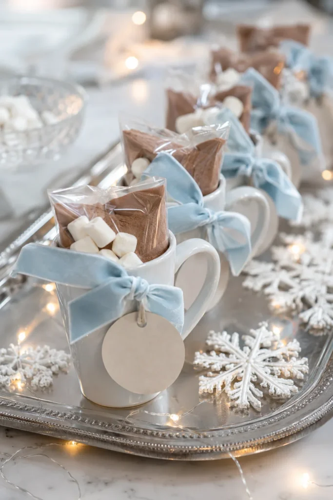 Mini ceramic mugs with cocoa packets tied with name tags as party favors