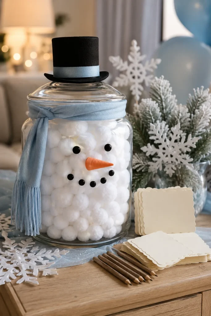 Glass jar filled with white pom poms styled as a melted snowman guessing game