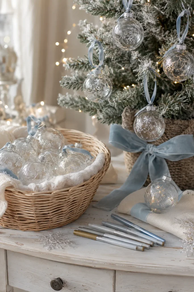 Basket of clear glass ornaments and markers for guests to sign as a guest book alternative