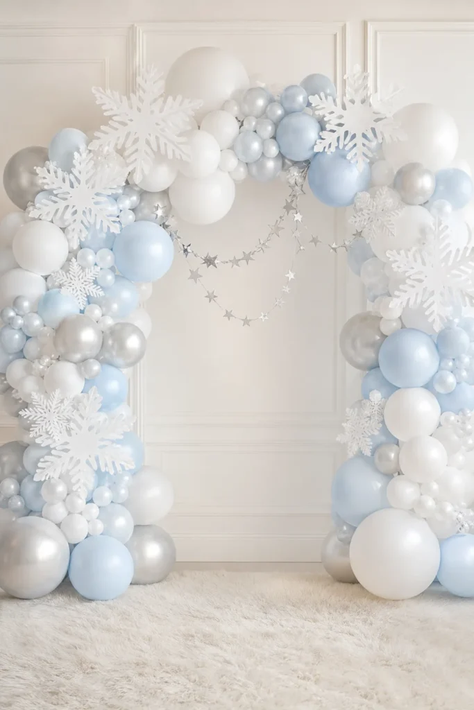 Organic balloon arch in white silver and ice blue with paper snowflakes as a photo backdrop
