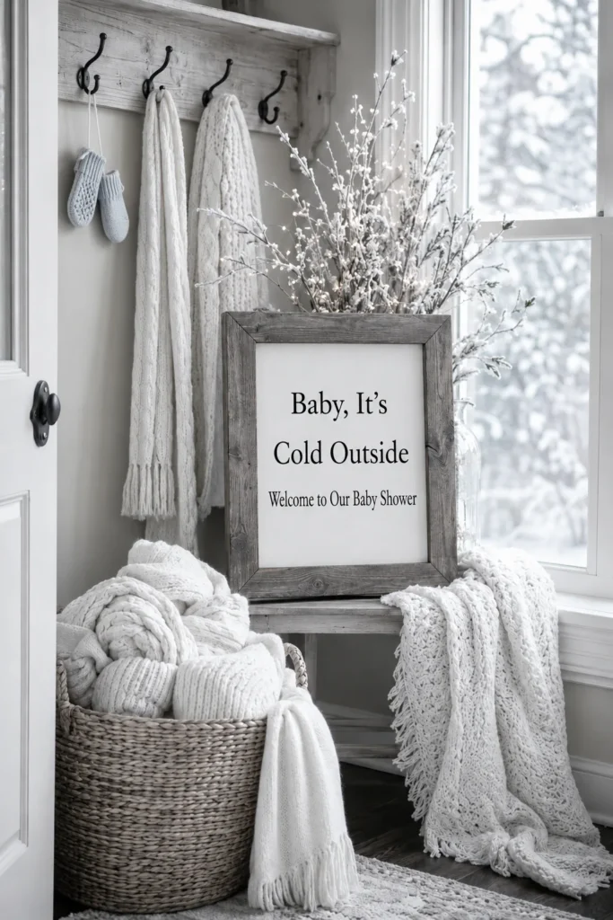 Baby It's Cold Outside wood welcome sign next to a styled coat rack with mittens and scarves