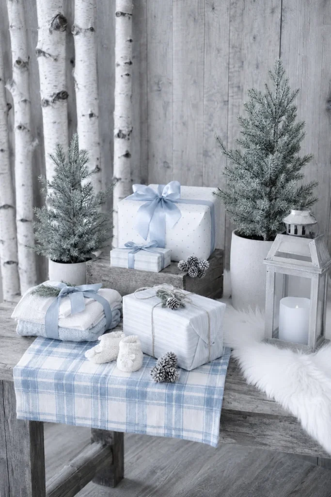 Woodland cabin gift table with birch backdrop, plaid runner, and lantern