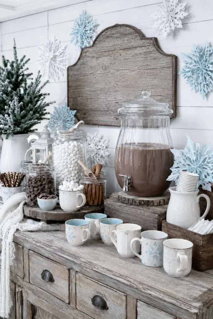 Hot cocoa bar with vintage ski lodge sign, glass dispensers, and topping jars