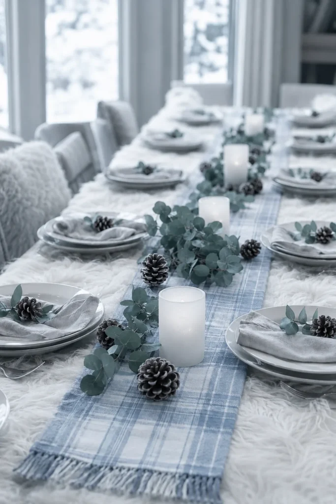 Faux fur throw layered under a plaid table runner with pinecones and eucalyptus