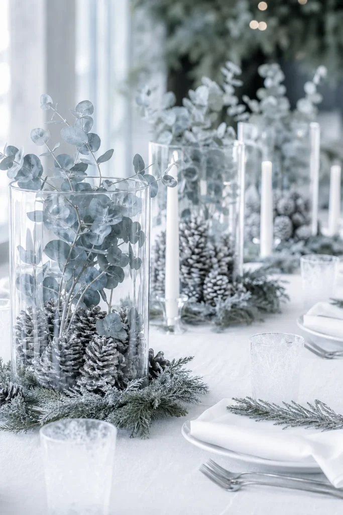 Low pinecone and eucalyptus centerpieces in glass hurricanes with candles