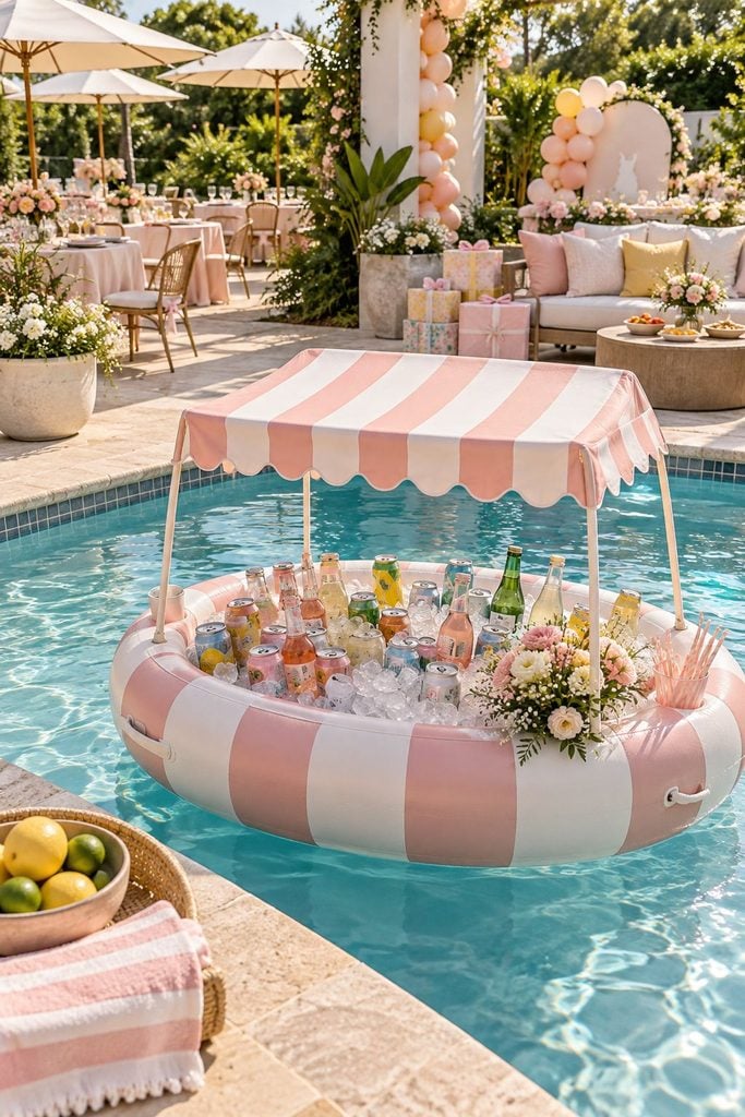 Floating poolside drink station with a striped cabana shade, a fun summer entry in our baby shower drink station ideas