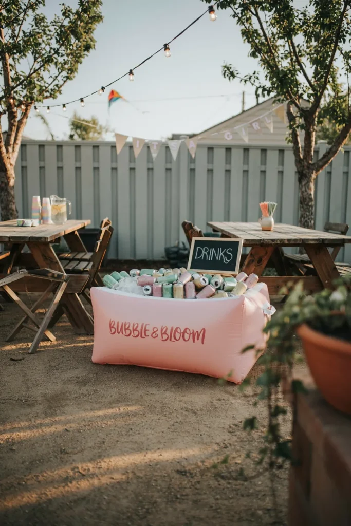 baby shower drink station An inflatable cooler bar filled with ice and canned drinks set up in a backyard, surrounded by string lights and picnic tables