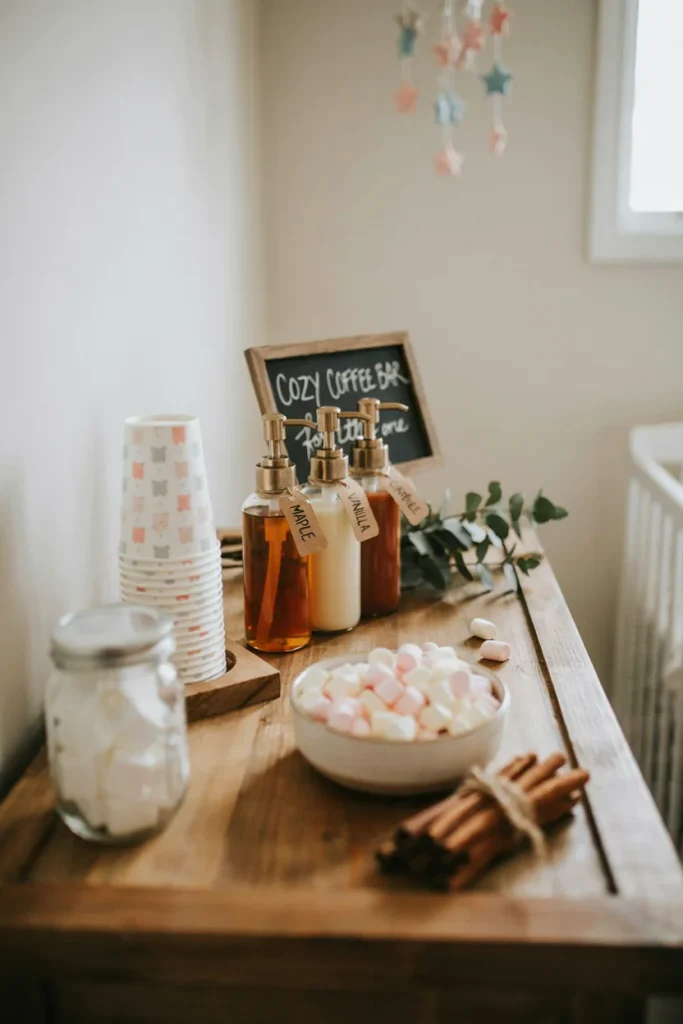 baby shower drink station - A cozy coffee bar with syrup pump bottles, a rotating cup dispenser, marshmallows, and cinnamon sticks arranged on a wooden tray