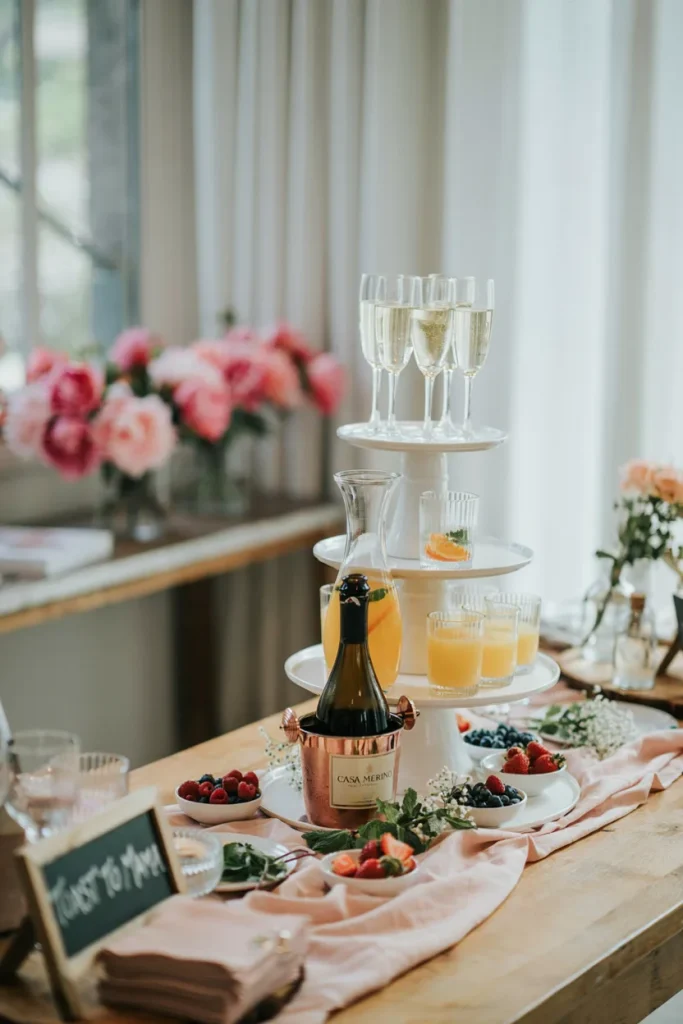 baby shower drink station - A tiered brunch table with champagne flutes, a bottle of prosecco, a carafe of orange juice, and small bowls of fresh berries and mint