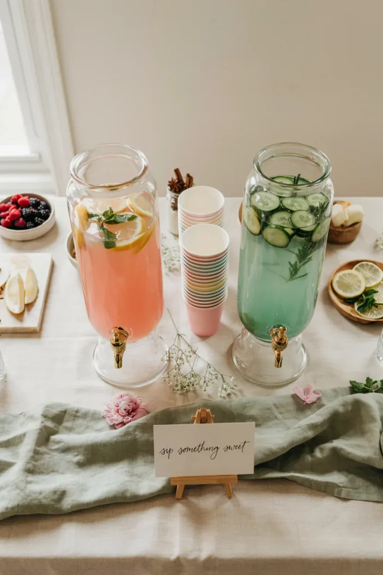 baby shower drink station - An overhead shot of a full drink station table with two glass beverage dispensers, a stack of pastel cups, garnish bowls, and a small handwritten sign, soft natural light, pastel color scheme]